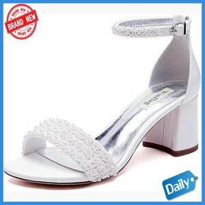Low Block Heel Wedding Sandals Beaded Ankle Strap Bridal Heels Size 5-11
